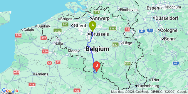 Map: Brussels Zaventem Airport (BRU) to Revin