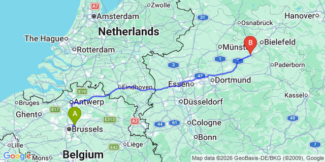 Map: Brussels Zaventem Airport (BRU) to Rheda-Wiedenbrück