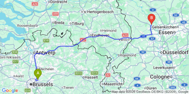 Map: Brussels Zaventem Airport (BRU) to Rheinberg