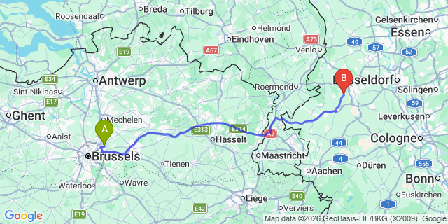 Map: Brussels Zaventem Airport (BRU) to Rheindahlen