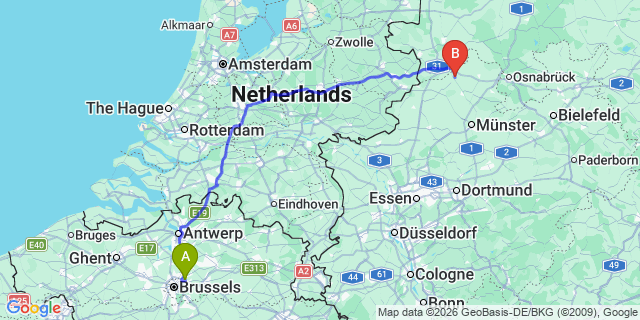 Map: Brussels Zaventem Airport (BRU) to Rheine