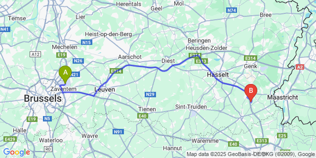 Map: Brussels Zaventem Airport (BRU) to Rijkhoven