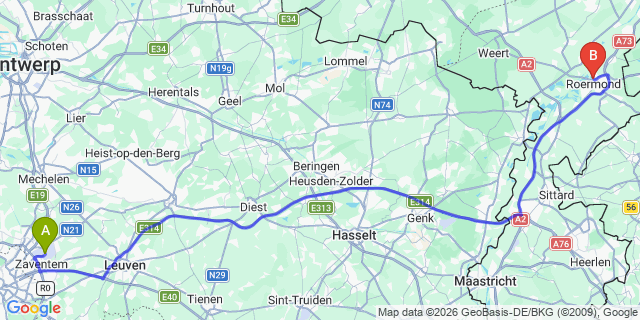 Map: Brussels Zaventem Airport (BRU) to Roermond (DE-Grenzgebiet)