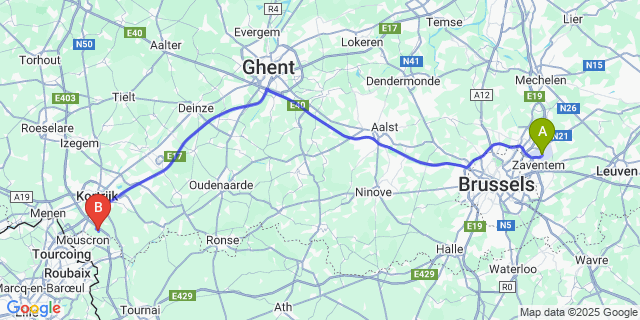 Map: Brussels Zaventem Airport (BRU) to Rollegem