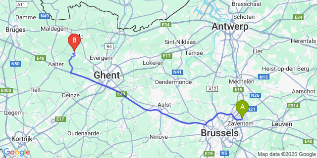 Map: Brussels Zaventem Airport (BRU) to Ronsele