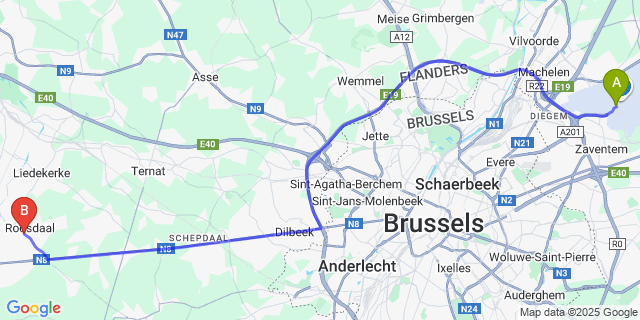 Map: Brussels Zaventem Airport (BRU) to Roosdaal