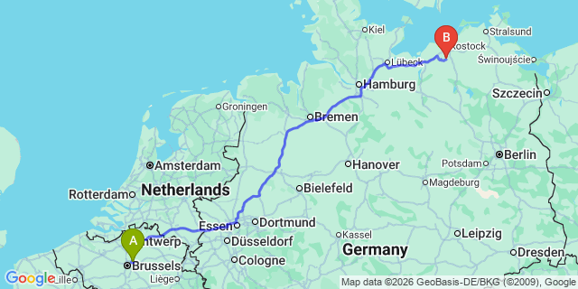 Map: Brussels Zaventem Airport (BRU) to Rostock