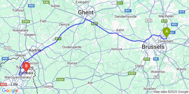 Map: Brussels Zaventem Airport (BRU) to Roubaix