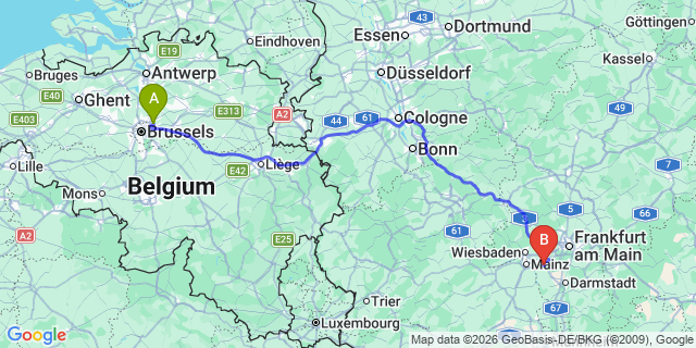 Map: Brussels Zaventem Airport (BRU) to Rüsselsheim