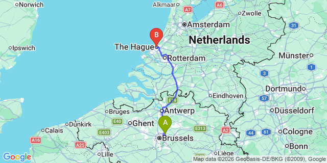 Map: Brussels Zaventem Airport (BRU) to ’s-Gravenhage (The Hague)
