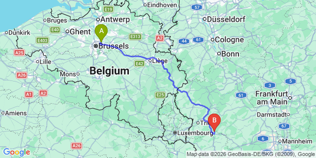 Map: Brussels Zaventem Airport (BRU) to Saarbrücken