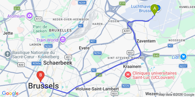 Map: Brussels Zaventem Airport (BRU) to Safestay Brussels Grand Place