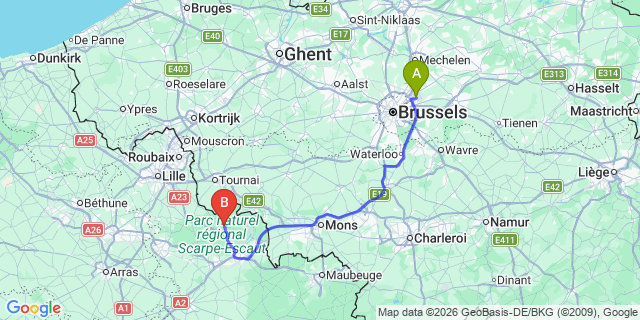 Map: Brussels Zaventem Airport (BRU) to Saint-Amand-les-Eaux