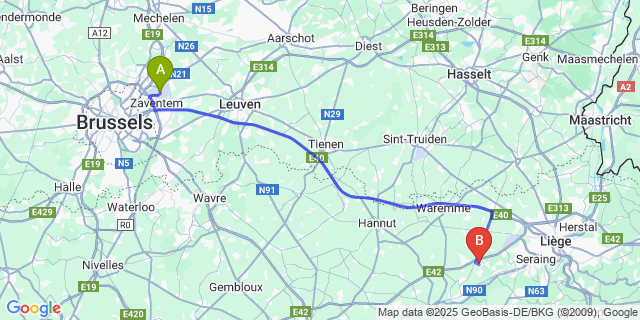 Map: Brussels Zaventem Airport (BRU) to Saint-Georges-Sur-Meuse