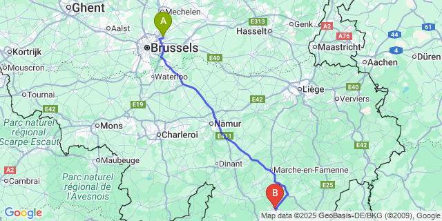 Map: Brussels Zaventem Airport (BRU) to Saint-Hubert
