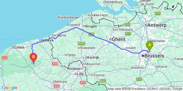 Map: Brussels Zaventem Airport (BRU) to Saint-Omer
