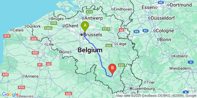 Map: Brussels Zaventem Airport (BRU) to Sainte-Marie-Chevigny