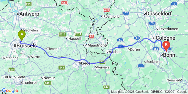 Map: Brussels Zaventem Airport (BRU) to Sankt Augustin