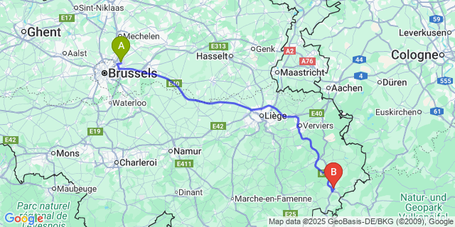 Map: Brussels Zaventem Airport (BRU) to Sankt Vith