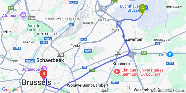 Map: Brussels Zaventem Airport (BRU) to Sasha-Royale, Brussels