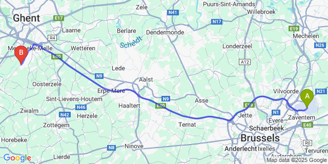 Map: Brussels Zaventem Airport (BRU) to Schelderode
