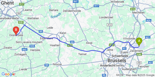 Map: Brussels Zaventem Airport (BRU) to Scheldewindeke