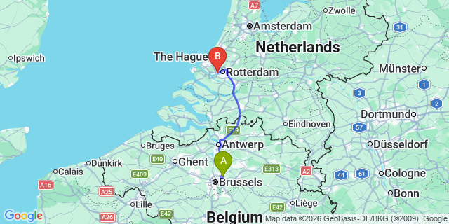 Map: Brussels Zaventem Airport (BRU) to Schiedam