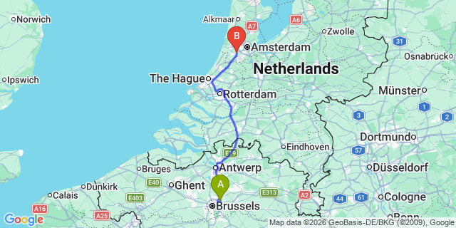 Map: Brussels Zaventem Airport (BRU) to Schiphol