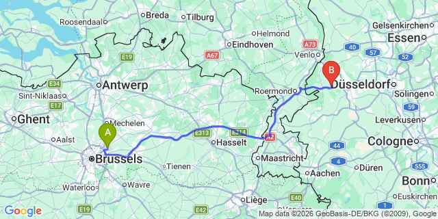 Map: Brussels Zaventem Airport (BRU) to Schwalmtal
