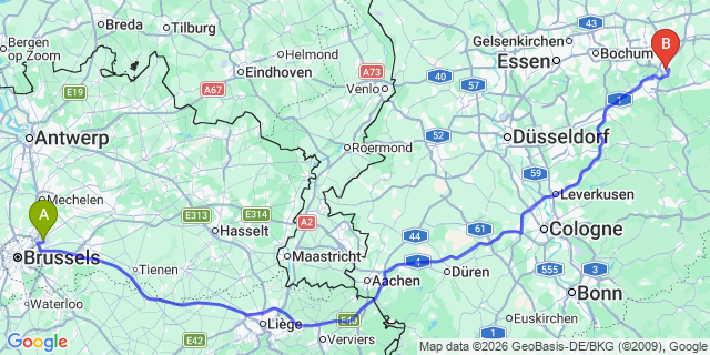 Map: Brussels Zaventem Airport (BRU) to Schwerte