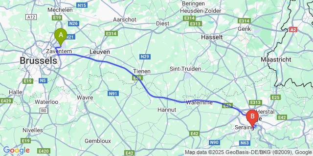 Map: Brussels Zaventem Airport (BRU) to Sclessin