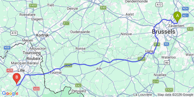 Map: Brussels Zaventem Airport (BRU) to Seclin