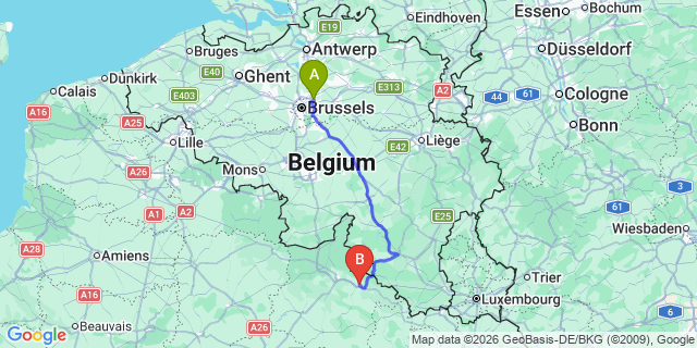 Map: Brussels Zaventem Airport (BRU) to Sedan