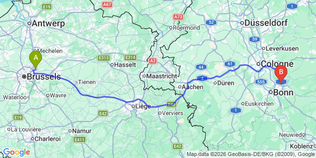 Map: Brussels Zaventem Airport (BRU) to Siegburg