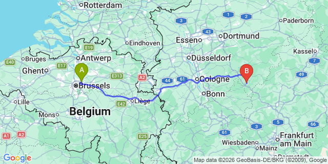 Map: Brussels Zaventem Airport (BRU) to Siegen