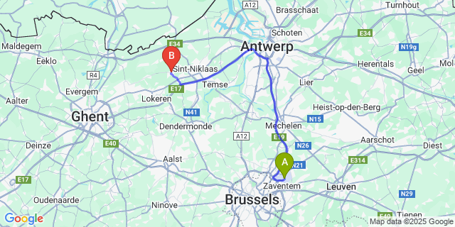 Map: Brussels Zaventem Airport (BRU) to Sinaai