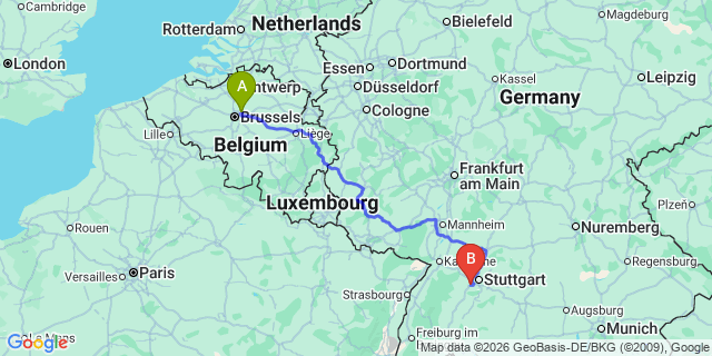 Map: Brussels Zaventem Airport (BRU) to Sindelfingen