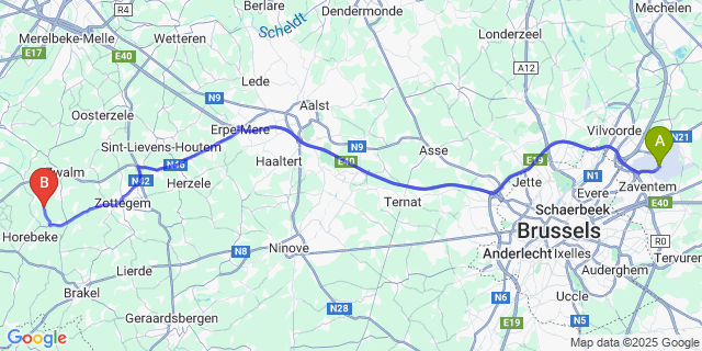 Map: Brussels Zaventem Airport (BRU) to Sint-Denijs-Boekel