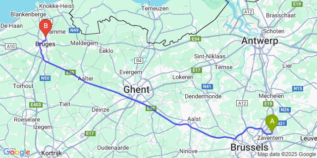 Map: Brussels Zaventem Airport (BRU) to Sint-Jozef