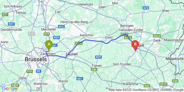 Map: Brussels Zaventem Airport (BRU) to Sint-Lambrechts-Herk