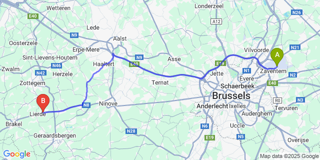 Map: Brussels Zaventem Airport (BRU) to Sint-Maria-Lierde