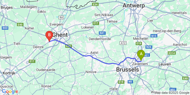 Map: Brussels Zaventem Airport (BRU) to Sint-Martens-Latem