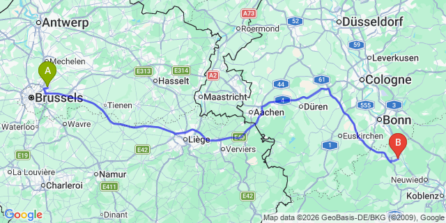 Map: Brussels Zaventem Airport (BRU) to Sinzig