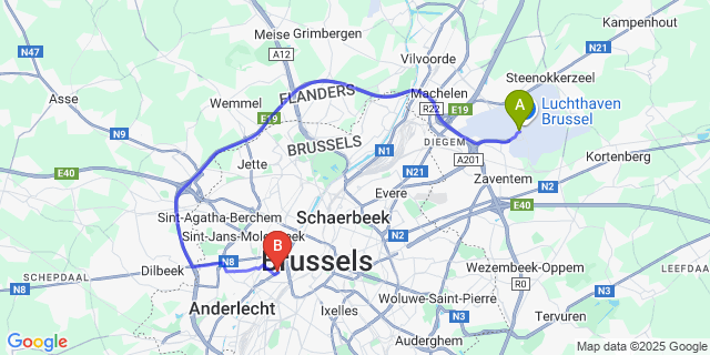 Map: Brussels Zaventem Airport (BRU) to Slina Hotel Brussels