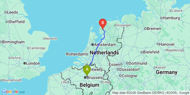 Map: Brussels Zaventem Airport (BRU) to Sneek