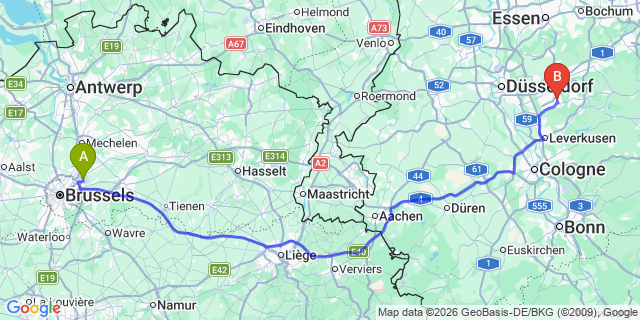 Map: Brussels Zaventem Airport (BRU) to Solingen