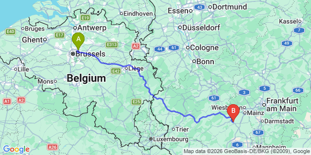 Map: Brussels Zaventem Airport (BRU) to Sprendlingen