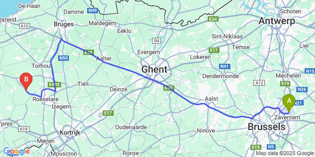 Map: Brussels Zaventem Airport (BRU) to Staden