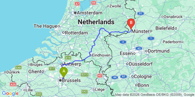 Map: Brussels Zaventem Airport (BRU) to Stadtlohn