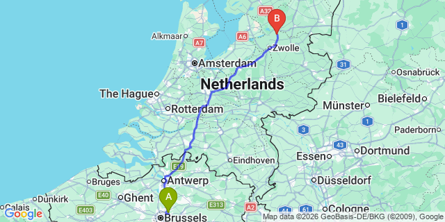 Map: Brussels Zaventem Airport (BRU) to Staphorst